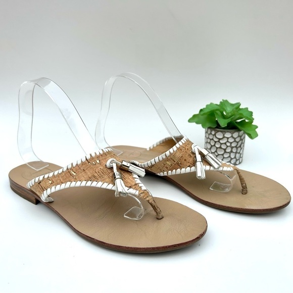 Jack Rogers Alana Cork White Leather Tassel Thong Flip Flop Sandals Size 9.5 - Picture 6 of 13